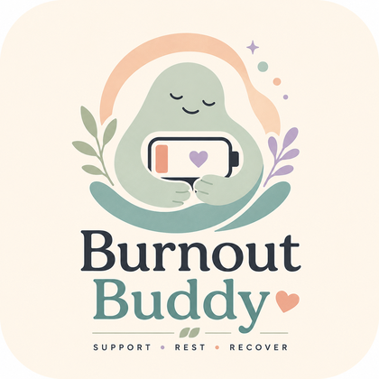 Burnout Buddy logo: a soft green character with closed eyes hugging a low battery with a heart on it