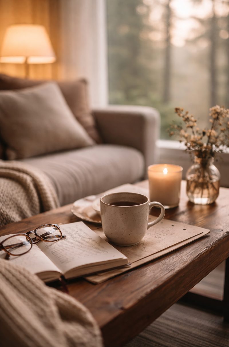 A cosy living room with a mug, an open notebook and a lit candle on the coffee table